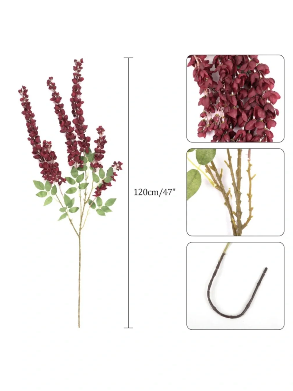 Burgundy Hanging Wisteria Stem - Elegant Faux Floral Accent 43” (2pcs)